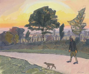 Sonnenuntergang, Letchworth, mit Mann und Hund, 1912